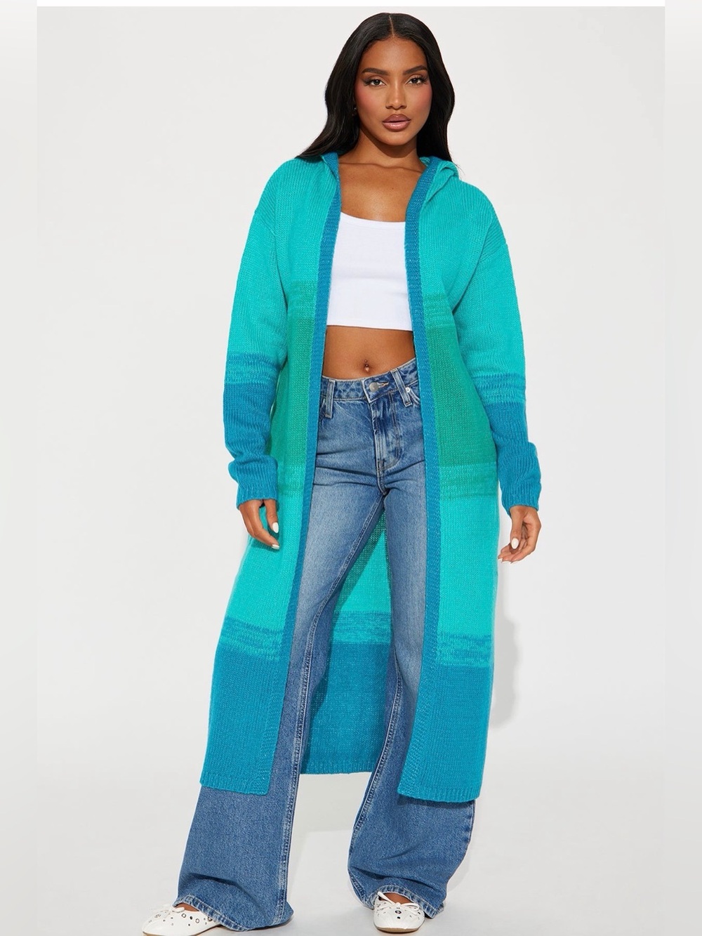 Fashion Nova Teal & Aqua Long Hooded Cardigan